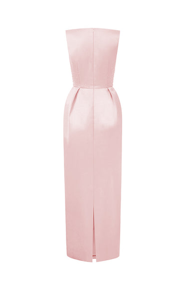 Light Pink Silk Taffeta Midi Column Dress With Square Neck And Mini Bow Detail - IHF STUDIO