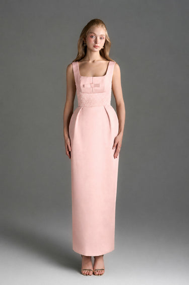 Light Pink Silk Taffeta Midi Column Dress With Square Neck And Mini Bow Detail - IHF STUDIO