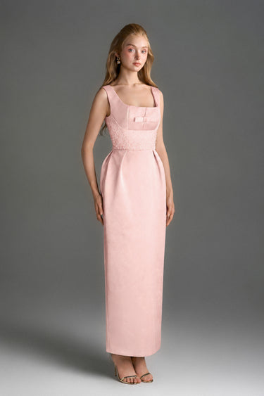 Light Pink Silk Taffeta Midi Column Dress With Square Neck And Mini Bow Detail - IHF STUDIO