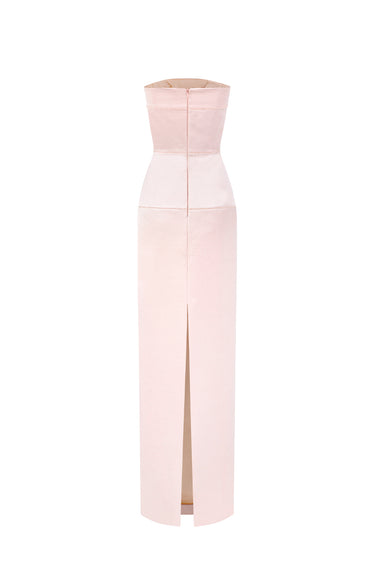 Light Pink Taffeta Column Maxi Dress with Crystal Embellishments - IHF STUDIO