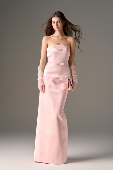 Light Pink Taffeta Column Maxi Dress with Crystal Embellishments - IHF STUDIO