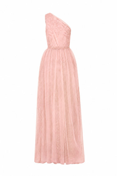 Light Pink Tiny Floral Mesh Lace One-Shoulder A-Line Dress With Draped Tulle Details - IHF STUDIO