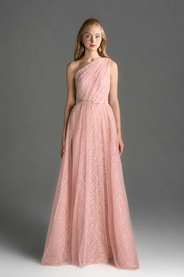 Light Pink Tiny Floral Mesh Lace One-Shoulder A-Line Dress With Draped Tulle Details - IHF STUDIO
