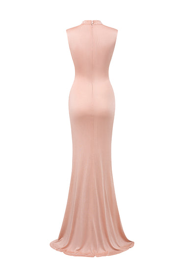 Light pink shimmer jersey maxi dress with twisted waist drape and crystal-embellished neckline - IHF STUDIO