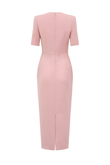 Light pink crepe bodycon midi dress with deep V-neckline and crystal embellishment - IHF STUDIO