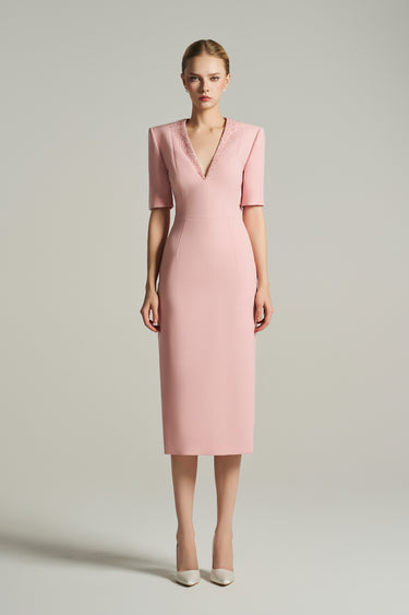 Light pink crepe bodycon midi dress with deep V-neckline and crystal embellishment - IHF STUDIO