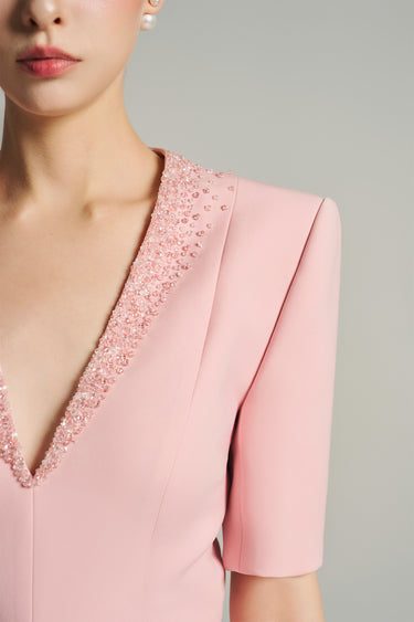 Light pink crepe bodycon midi dress with deep V-neckline and crystal embellishment - IHF STUDIO