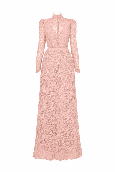 Light Pink Vine Floral Lace Long-Sleeve Maxi Dress With Heart Cutout, Balloon Drawstring - IHF STUDIO