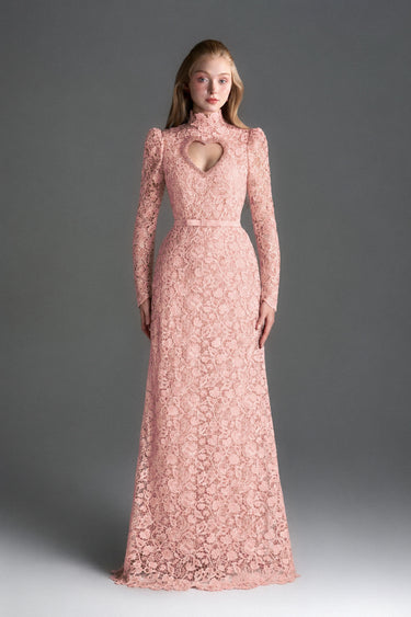 Light Pink Vine Floral Lace Long-Sleeve Maxi Dress With Heart Cutout, Balloon Drawstring - IHF STUDIO