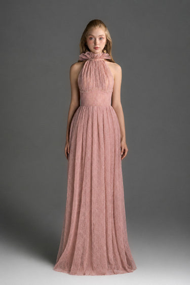Light Pink Vine Guipure Lace A-Line Dress With Ruffle Collar - IHF STUDIO