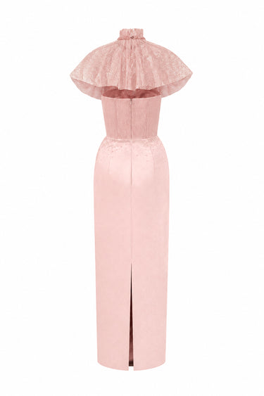 Light Pink Vine Guipure Lace And Silk Taffeta Bustier Midi Column Dress With Mini Cape - IHF STUDIO