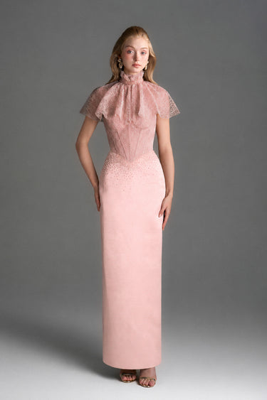 Light Pink Vine Guipure Lace And Silk Taffeta Bustier Midi Column Dress With Mini Cape - IHF STUDIO