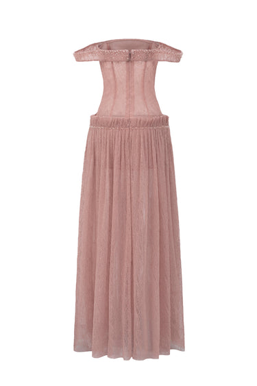 Light Pink Vine Guipure Lace Off-Shoulder A-Line Dress With Horizontal Train - IHF STUDIO