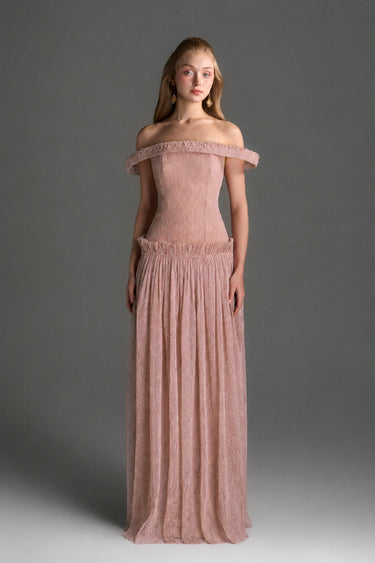 Light Pink Vine Guipure Lace Off-Shoulder A-Line Dress With Horizontal Train - IHF STUDIO