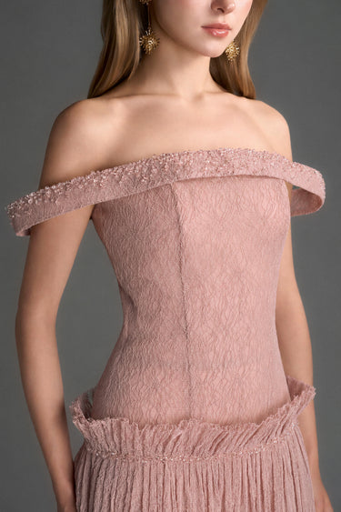 Light Pink Vine Guipure Lace Off-Shoulder A-Line Dress With Horizontal Train - IHF STUDIO