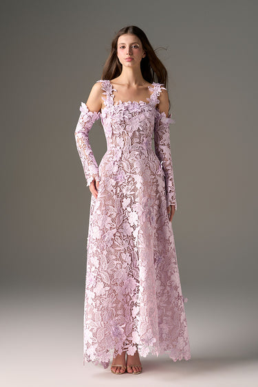 Light Purple Floral Garden Lace Off-Shoulder A-Line Maxi Dress - IHF STUDIO