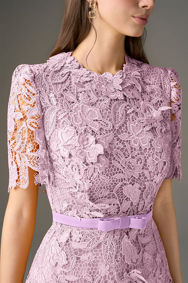 Light Purple Floral Garden Short Sleeves A-line Midi Dress - IHF STUDIO