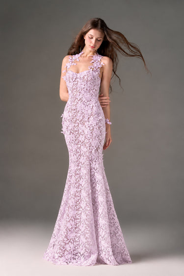 Light purple Floral Vine Lace mermaid maxi dress with cupped bodice - IHF STUDIO