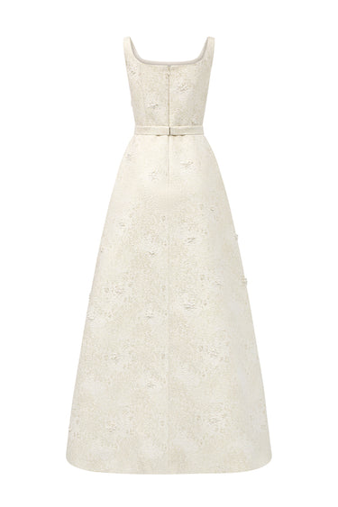 Light Yellow Lacquered Brocade Strapless A-line Maxi Dress with Pearl Cluster Embellishment - IHF STUDIO
