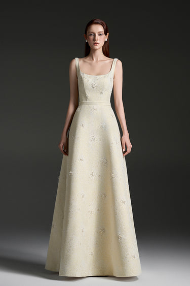 Light Yellow Lacquered Brocade Strapless A-line Maxi Dress with Pearl Cluster Embellishment - IHF STUDIO