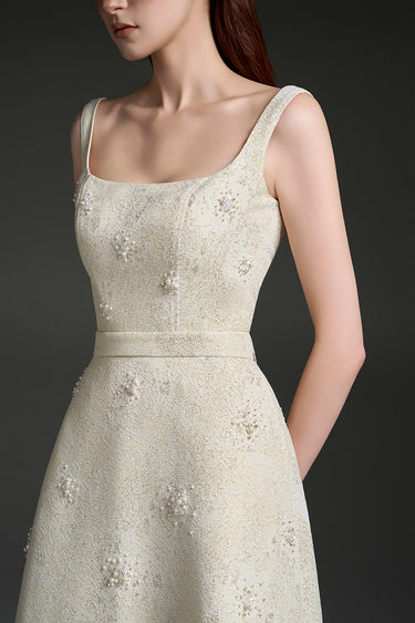 Light Yellow Lacquered Brocade Strapless A-line Maxi Dress with Pearl Cluster Embellishment - IHF STUDIO