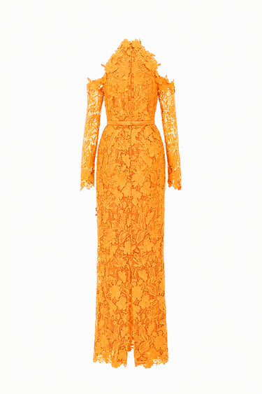 Orange Floral Garden Lace Dress With Halter Neck And Long Sleeves - IHF STUDIO