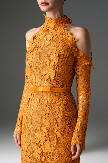 Orange Floral Garden Lace Dress With Halter Neck And Long Sleeves - IHF STUDIO