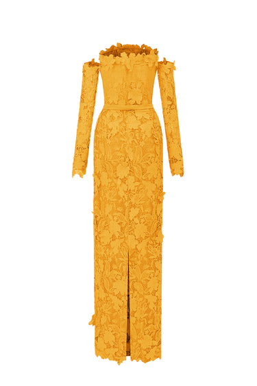 Orange Floral Garden Lace Off-Shoulder Dress with Long Sleeves - IHF STUDIO