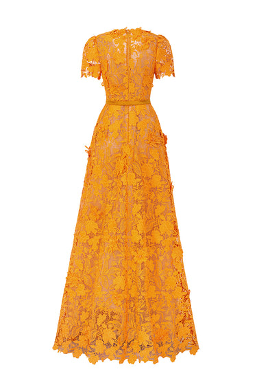 Orange Floral Garden Short Sleeves A-Line Maxi Dress - IHF STUDIO