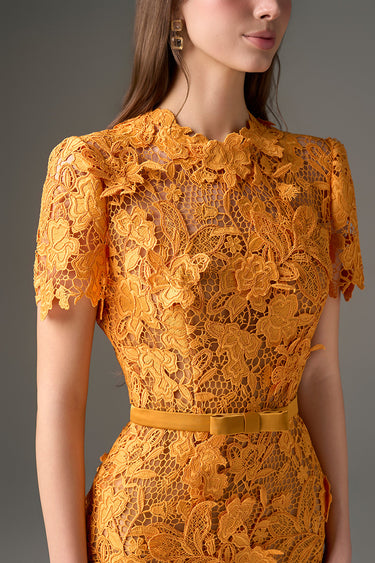 Orange Floral Garden Short Sleeves Bodycon Dress - IHF STUDIO
