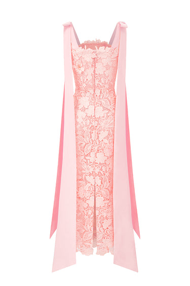 Pink Floral Garden Lace Column Dress with Bow Straps - IHF STUDIO