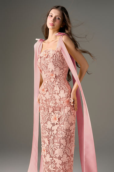 Pink Floral Garden Lace Column Dress with Bow Straps - IHF STUDIO
