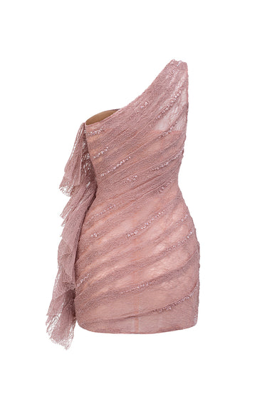 Pink Vine Guipre Lace Draping Mini Dress With Pink Crystals - IHF STUDIO