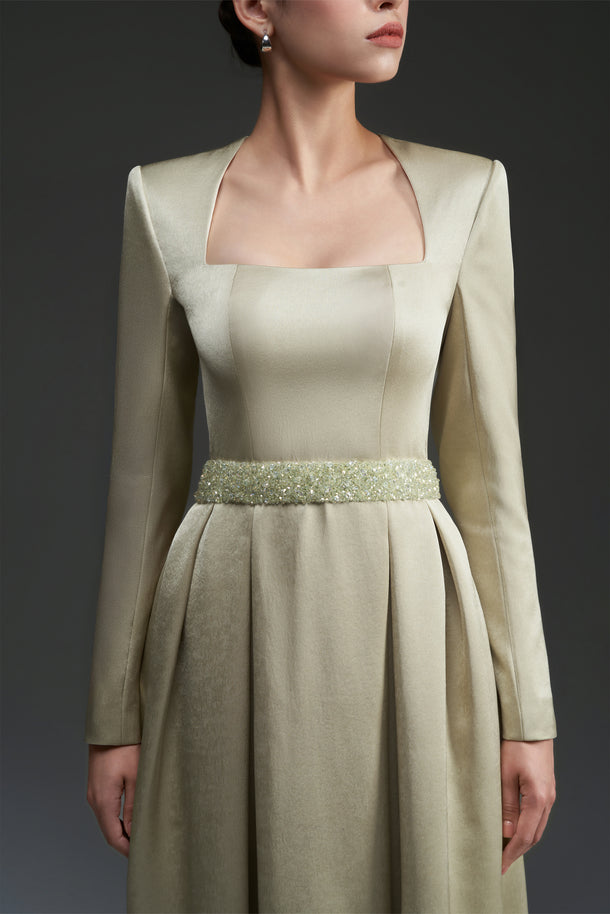 Silk taffeta A-line dress with a square neckline with crystal embellis IHF STUDIO Silk taffeta A-line dress with a square neckline with crystal embellis IHF STUDIO