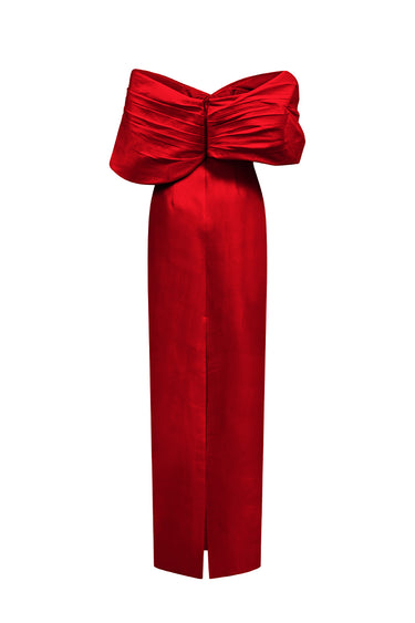 Red Draping Shoulder Column Taffeta Gown - IHF STUDIO