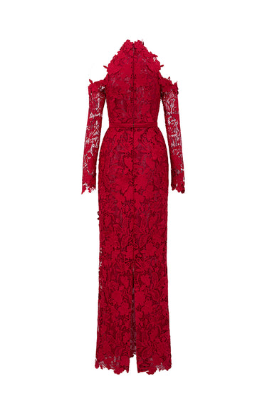 Red Floral Garden Lace Dress With Halter Neck And Long Sleeves - IHF STUDIO