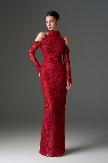 Red Floral Garden Lace Dress With Halter Neck And Long Sleeves - IHF STUDIO