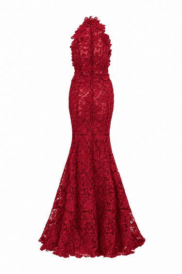 Red Floral Garden Lace halter mermaid pear-silhouette maxi dress - IHF STUDIO