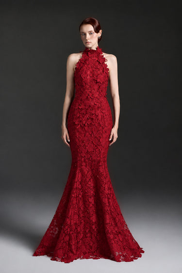 Red Floral Garden Lace halter mermaid pear-silhouette maxi dress - IHF STUDIO