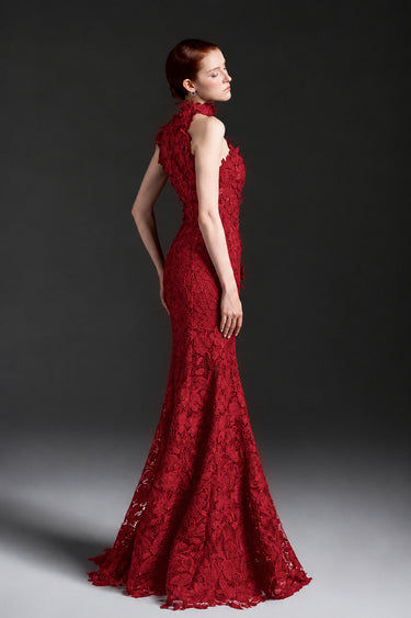 Red Floral Garden Lace halter mermaid pear-silhouette maxi dress - IHF STUDIO