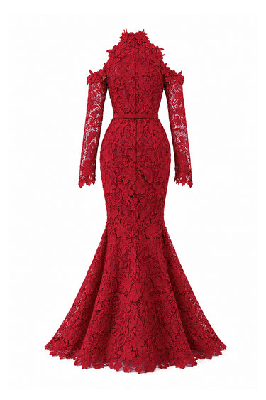 Red Floral Garden Lace mermaid dress with halter neck and long sleeves - IHF STUDIO