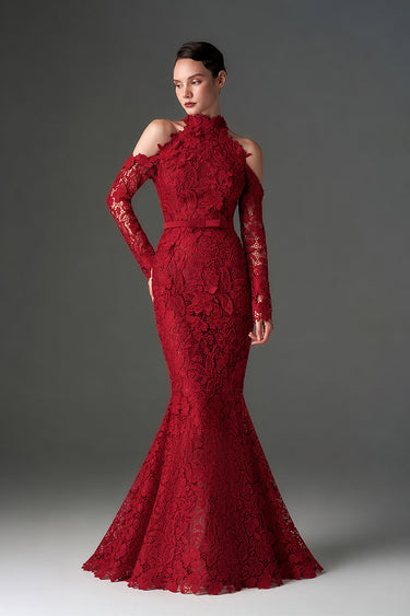 Red Floral Garden Lace mermaid dress with halter neck and long sleeves - IHF STUDIO