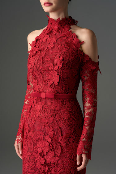 Red Floral Garden Lace mermaid dress with halter neck and long sleeves - IHF STUDIO