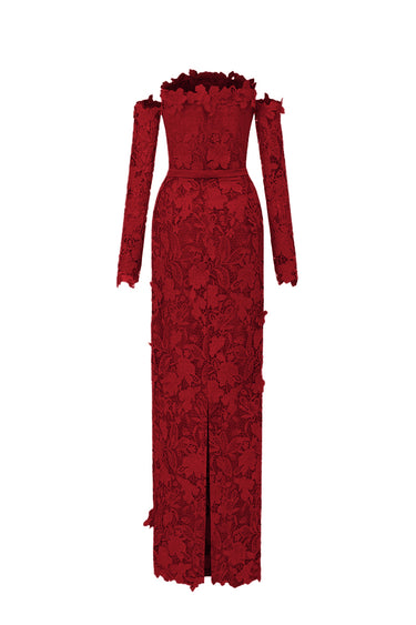 Red Floral Garden Lace Off-Shoulder Dress with Long Sleeves - IHF STUDIO
