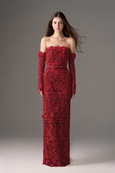 Red Floral Garden Lace Off-Shoulder Dress with Long Sleeves - IHF STUDIO
