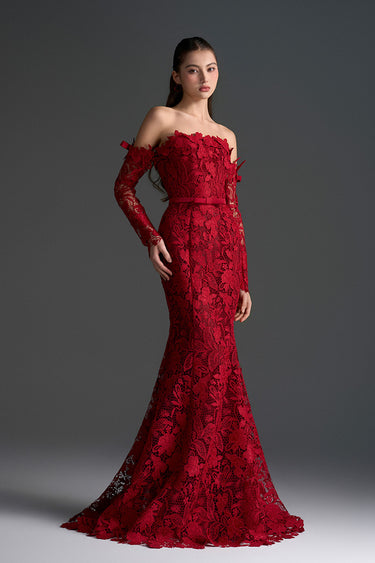Red Floral Garden Lace Off-Shoulder Mermaid Dress With Silk Waist Belt - IHF STUDIO