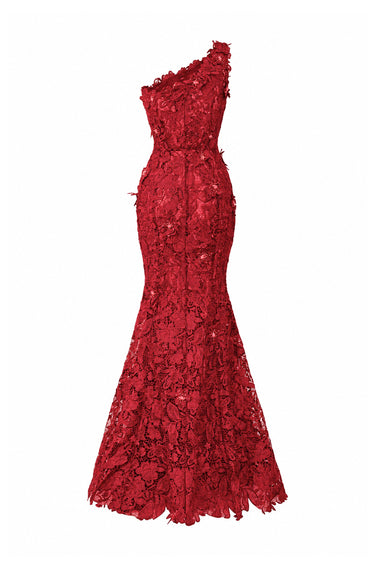 Red Floral Garden Lace one-shoulder mermaid dress - IHF STUDIO