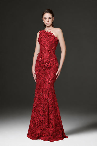 Red Floral Garden Lace one-shoulder mermaid dress - IHF STUDIO