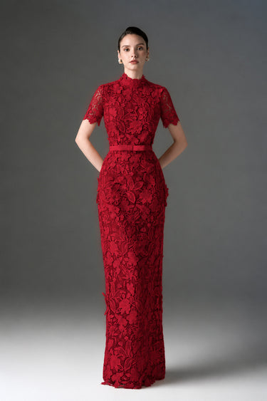 Red Floral Garden Lace column dress - IHF STUDIO