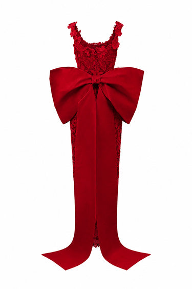 Red Floral Garden Lace Square-Neck Column Dress With Large Back Bow - IHF STUDIO